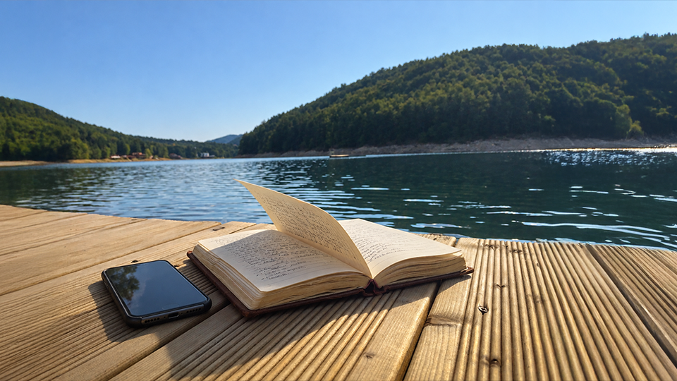 Offenes Journal und Smartphone auf einem Steg am See